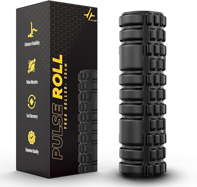 PulseITRoll 30cm Foam Roller – Deep Tissue Back & Muscle Massager for Pain Relief, Myofascial Trigger Point Therapy, Yoga, Pilates & Fitness Recovery – 30CM High-Density Black Roller