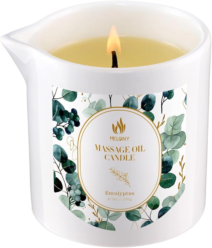 MELONY Soy Massage Candle, Essential Oil Infused, 8.1OZ, Low Temp Body Oil, Intensive Skin Treatment Candles for Relaxation (Eucalyptus)