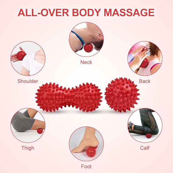 URAQT Spiky Massage Ball Set, 2 Pack Physical Therapy Massage Balls, Hard Lacrosse Ball & Spiky Massage Ball for Myofascial Release and Trigger Point Deep Tissue Massage (Red)