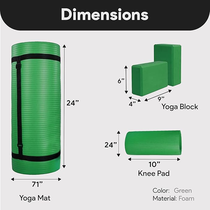 BalanceFrom 71x24 Inches Yoga Mat with Knee Pad and Optional Blocks – Extra 1-Inch Thick Non-Slip Foam with Anti-Tear Surface and Carrying Strap for Home, Studio, or Gym Workouts