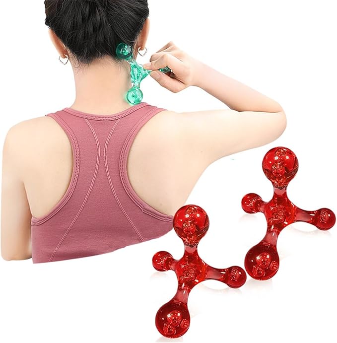Trigger Point Massage Tools, 2 PCS 4 Point Manual Deep Muscle Tissue Trigger Massager, Handheld Palm Pressure Point Massage Tool, for Neck Shoulder Back Muscle Pain Relief (Red)