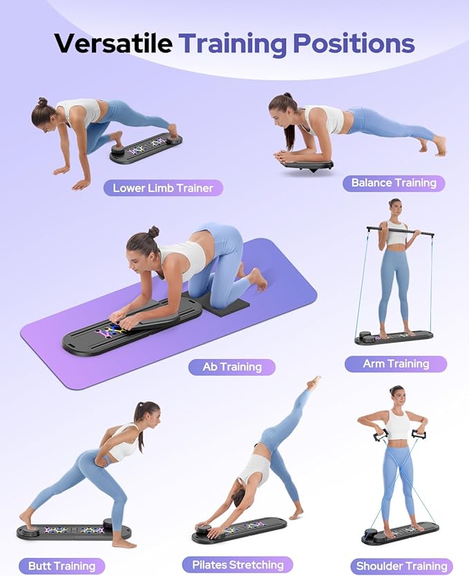 Pilates Board, Foldable Pilates Reformer Set 7 in 1 Multi-Purpose pilates equipment for Women Full Body Workouts at Home, Rayspace Portable Ab Core Trainer, Exercise Board with Timer & Resistance Band