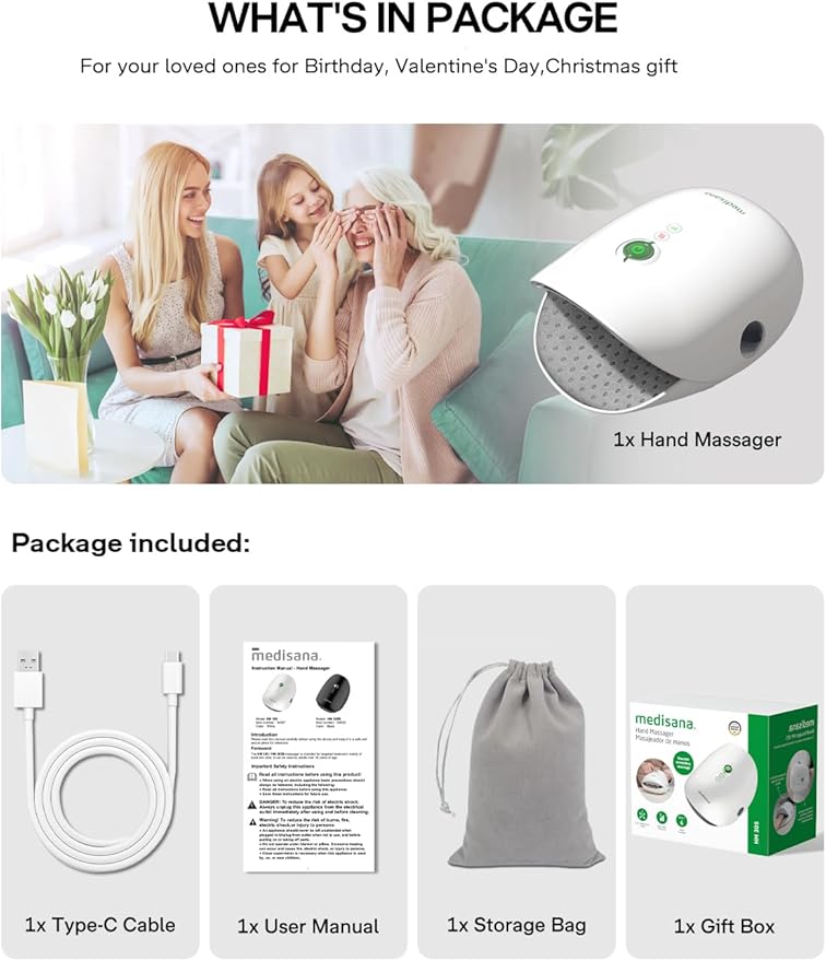 Medisana Hand Massager with Heat and Compression, Cordless Hand Massager for Arthritis and Carpal Tunnel Relief, Knuckle Stretching Massage, Birthday Christmas Gifts for Men Women Dad Mom-White