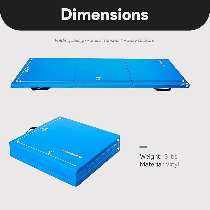BalanceFrom 6x2 Feet 3-Panel Folding Gymnastics Mat – 2-Inch Thick Pad with Vinyl Surface and Carrying Handles for Tumbling, Yoga, Pilates, Home Workouts, and Martial Arts