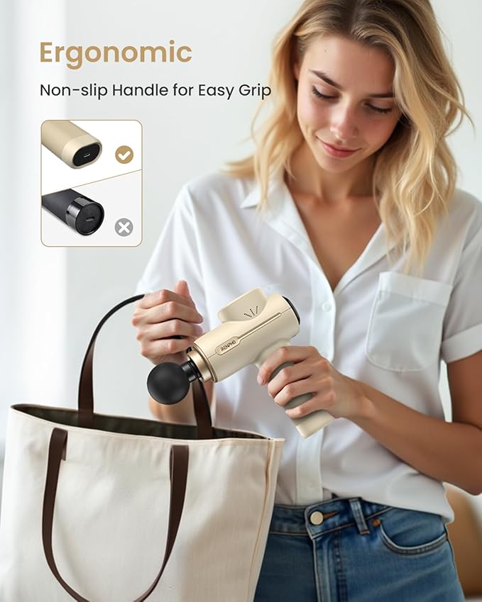 RENPHO Active Massage Gun, Deep Tissue Percussion Massager for Back and Neck, Portable Handheld Massager with 5 Speeds, 5 Attachments, Carry Case, Beige