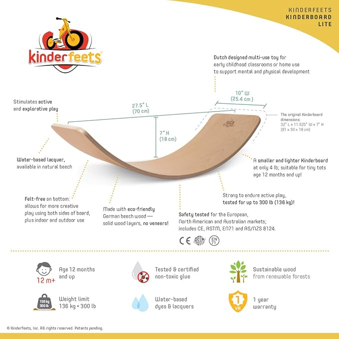 Kinderfeets, Kinderboard, Waldorf Original Wooden Balance Board for Toddlers, Kids, Teens, Adults
