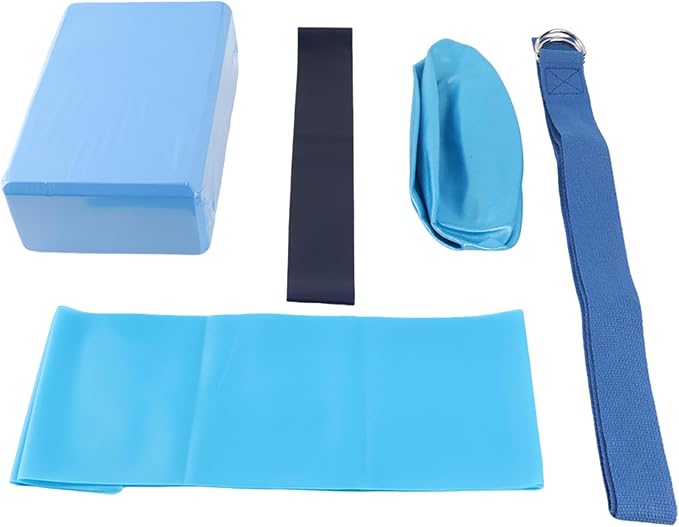 5 Piece Yoga Set, Yoga Blocks with Stretch Belt, Latex Towel, and Yoga, Complete Workout Kit for Home Gym, Yoga and Pilates, Blue