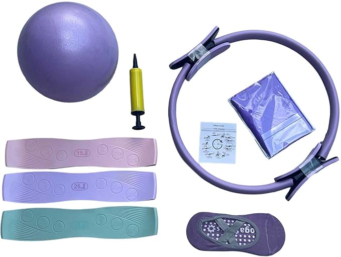 Pilates Ring Set for Home Workouts Women, Pilates Kit with Resistance Bands Magic Circle Accessories, Exercise Ball 9.8”, Portable Fitness Equipment for Home, Gym, Office Workouts