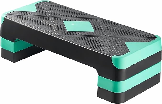 Aerobic Exercise Step Platform, 28-Inch Workout Aerobic Stepper, Height Adjustable Fitness Training Step Deck Trainer with 4 Risers, Non-Slip Surface Bench for Home Gym Cardio Strength, Green