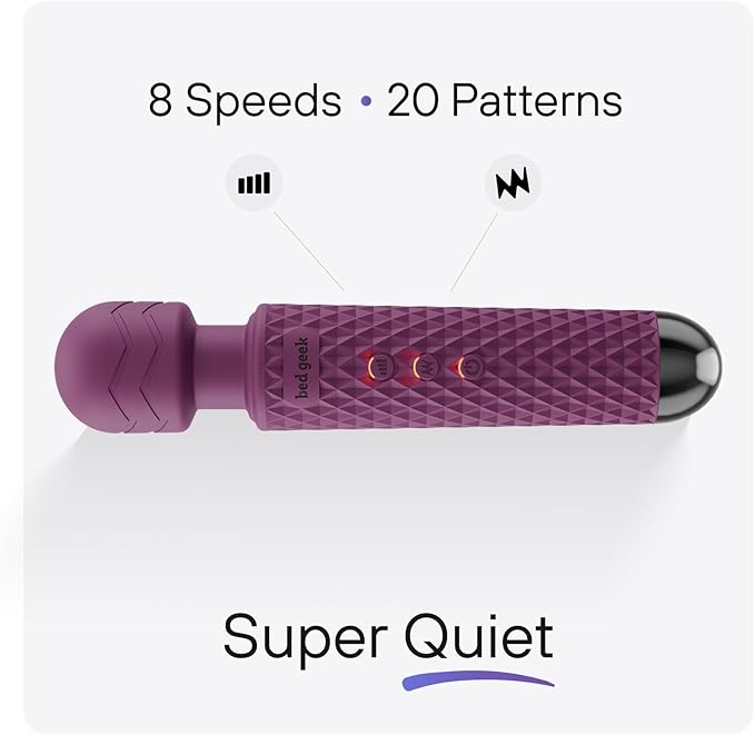bed geek Cordless Personal Massage Wand – Waterproof & USB Rechargeable, Skin-Soft Silicone, 20 Vibration Patterns, 8 Speed Settings, Memory Function for Relaxation and Muscle Comfort