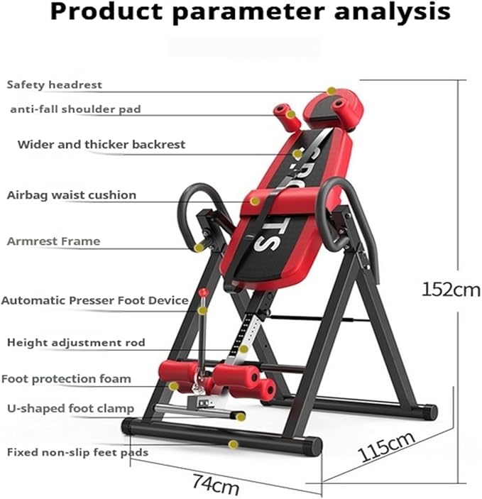 XXYUAN Folding Inversion Table with Adjustable Height, Home Use Back Stretch Machine for Spinal Decompression, Auto-Lock System with Ankle Holder & Safety Belt, 150kg Capacity Steel Frame