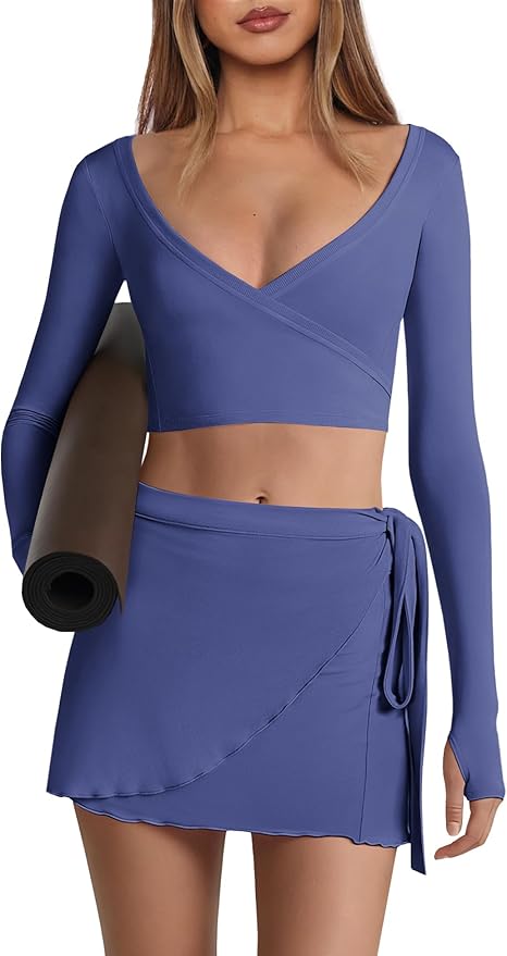 Nirovien Womens 2 Piece Workout Sets Sexy Pilates Outfits Athletic Gym Yoga Sets Ballet Wrap Top and Skirt