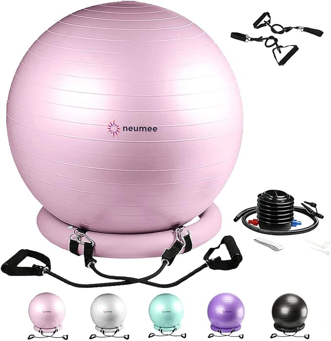 Yoga Ball Chair with 65cm Exercise Ball & 2 Resistance Bands, Stability Base for Home Office, Yoga, Pilates & Fitness, Balance Ball for Posture, Core Strength & Low Impact Workouts