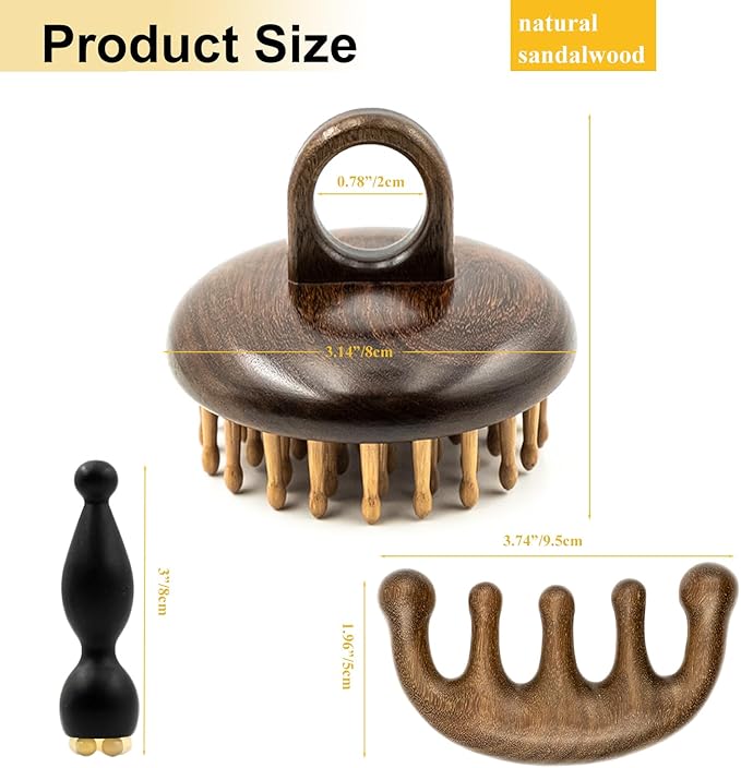 3 Pack Wooden Scalp Massager, Sandalwood Manual Head Massager Comb for Hair Growth, Wooden Gua Sha Tool for Body&Face, Wood Massager for Eye