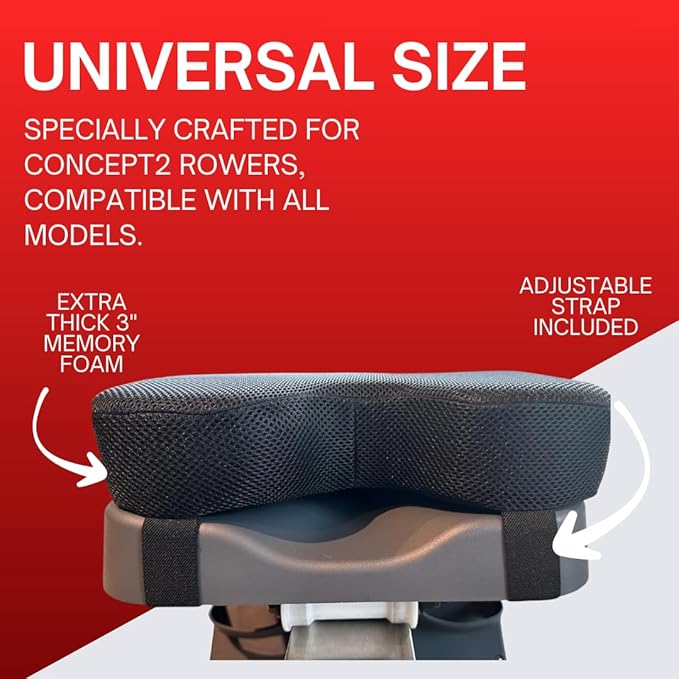 TreadLife Fitness Universal Rowing Machine Seat Cushion | Designed for Concept 2 Rowing Machines, Compatible with All Rowers | Extra Thick 3" Memory Foam with Adjustable Strap Black