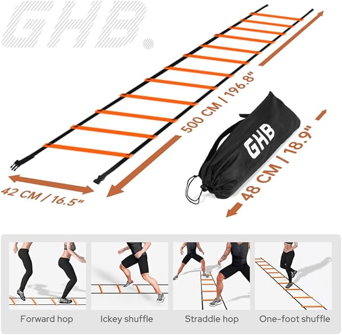 GHB Pro Agility Ladder 2 Pack Agility Training Ladder Speed 12 Rung 20ft with Carrying Bag (Yellow and Orange)