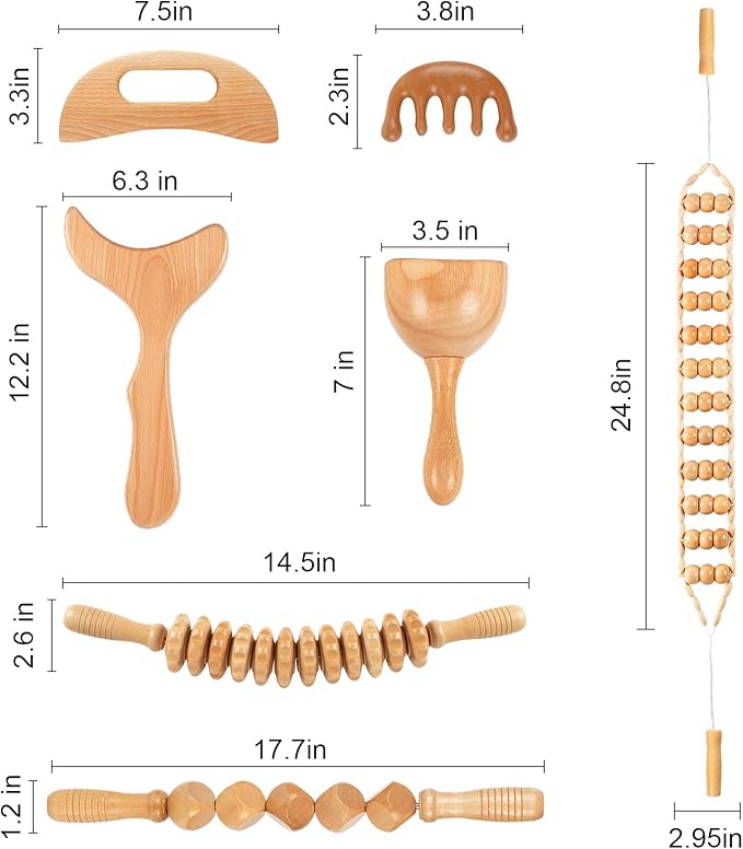 Wood Therapy Massage Tools 7-in-1, Wooden Lymphatic Drainage Massager Body Cellulite Massage Tool, Maderoterapia Kit Cellulite Massager for Body Sculpting,Contouring,Relief Muscle