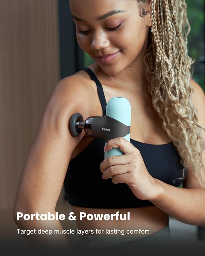RENPHO Mini Thermal Massage Gun with Heat, Portable Deep Tissue Percussion Massager with 4 Heads for Neck & Back Comfort, Ultra-Quiet Operation for Home, Office & Travel, Includes Compact Carry Case