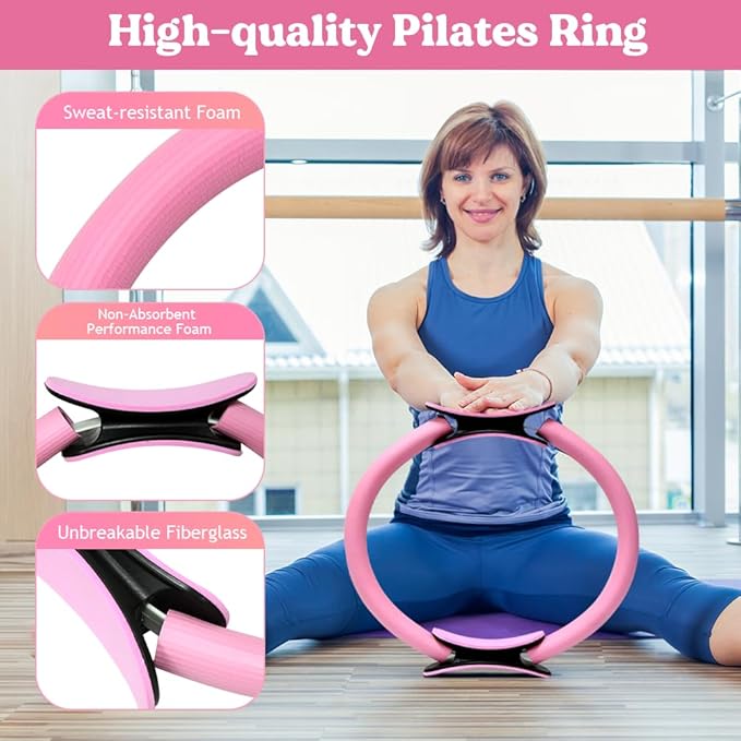 Pilates Ring 13 Piece Set,Pilates Kit for Women Exercise Equipment Accessories Deformation Magic Circle with Padded Handles, Workouts Ball, Guide & Bag, Resistance Bands for Legs Arms and Thighs