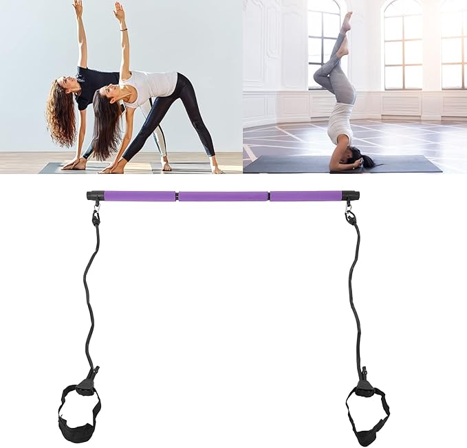 3 Sections Adjustable Pilates Bar, Portable Pilates Workout Stick with Tension Straps for Full Body Training, Detachable Iron Fitness Rod for Home Gym Yoga and Travel