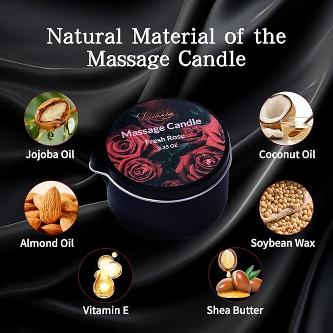Massage Candle 4 Pack for Body Care,Low Temp Scented Soybean Wax Candle Melts into Warming Massage Oil for Skin Treatment-13.4 OZ (Scents-Pine & Eucalyptus, Fresh Rose, Limoncello,Amber Leather)