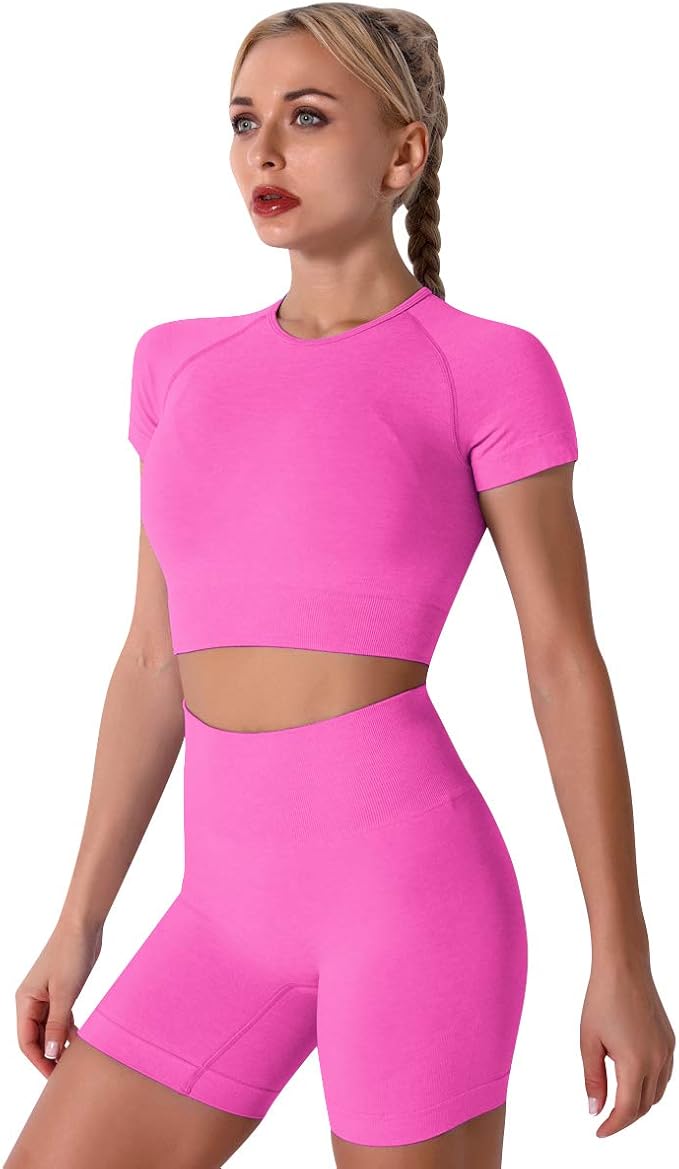 IMEKIS Women's Yoga Outfit Seamless Workout Set High Waist Exercise Shorts Pants with Sport Crop Top Bra 2PCS Gym Tracksuits