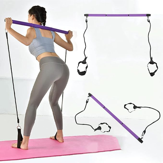 3 Sections Adjustable Pilates Bar, Portable Pilates Workout Stick for Full Body Training, Detachable Body Building Puller with Foam Grip for Home Gym Yoga Fitness