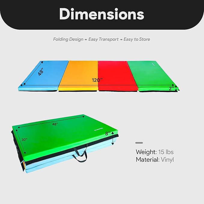 BalanceFrom 10x4 Feet 4-Panel Folding Gymnastics Mat – 2-Inch Thick Pad with Vinyl Surface and Carrying Handles for Tumbling, Yoga, Pilates, Home Workouts, and Martial Arts