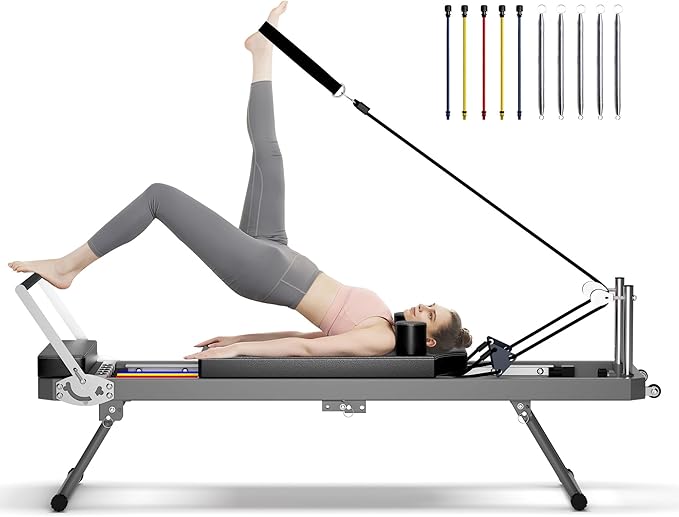 Pilates Reformer Machine, Foldable Pilates Reformer Machine Equipment for Home and Gym, with Dual Resistance, Springs and 5 Cords, Up to 330 lbs