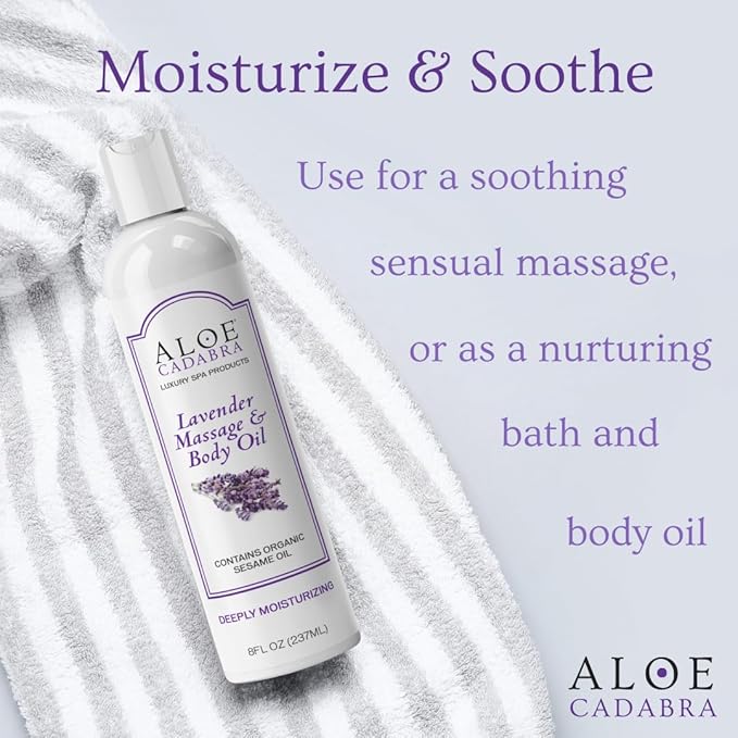 Aloe Cadabra Body Massage Oil for Men, Women, Couples, Relaxing Therapeutic Massage, Aromatherapy, Moisturizing Bath & Body Oil with Lavender Essential Oil (8 Fl Oz)