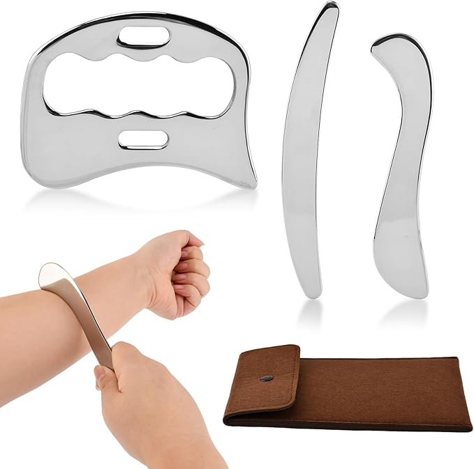 3 in 1 Stainless Steel Muscle Scraper Tools Set, Gua Sha Scraping Tool Physical Therapys Massager Tool, Scraping Massage Tools for Back, Legs, Arm, Body(Color:Silver)