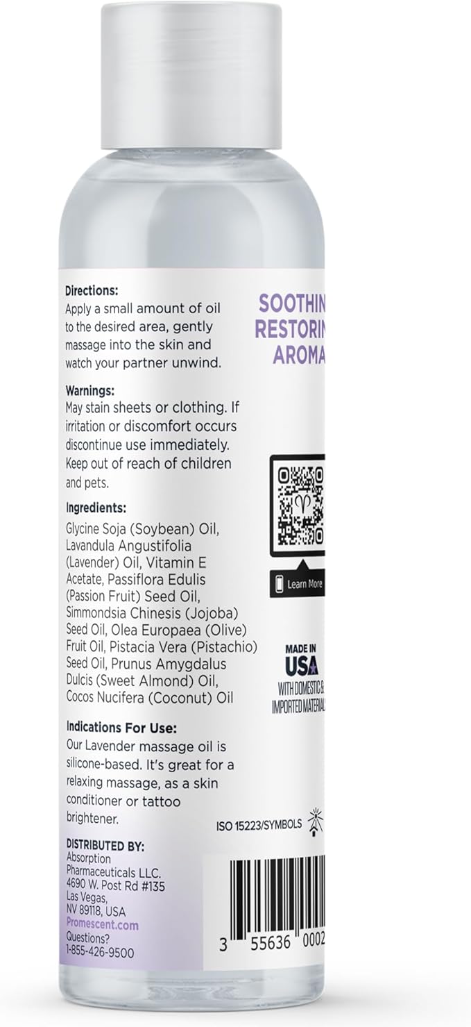 Promescent Lavender Massage Oil for Massage Therapy, Massage Oils for Date Night, Premium Lavender Body Oil for Men & Women to Relieve Stress & Sore Muscles, Essential Oils for Skin (4 oz)