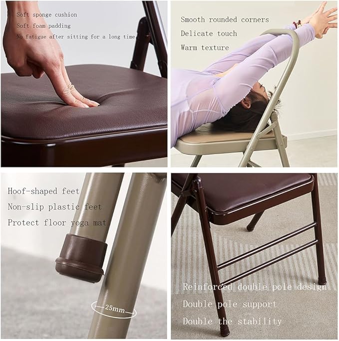 Yoga Chair,Pilates Chair,Yoga Chair Iyengar,Backless Yoga Chair Prop,Folding Stools with Foot Pads,Double Beam Backless Yoga Auxiliary Chair,Brown