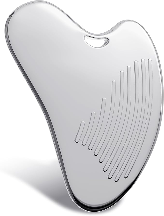 Amirce Non-Slip Grip Stainless Steel Gua Sha Tool for Face, Ribbed Facial Guasha Massage Tool, Cooling Metal Face Massager Scraper for Jawline Sculpting Cheeks & Chin Present for Women Moms