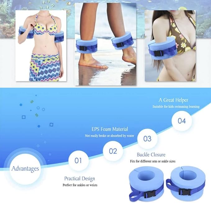 Foam Swim Aquatic Cuffs, Water Aerobics Float Ring Fitness Exercise Set, Ankles Arms Belts with Quick Release Buckle for Swim Fitness Training Set, Set of 2, Blue