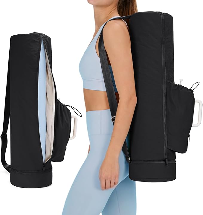 sportsnew Puffy Yoga Mat Bag Yoga Gym Bags for Women Men, Full-Zip Pilates Bag with Wet Pocket & Side Zip Drawstring Pocket Fits Tumblers with Handle, Yoga Mat Storage for Carrier Quick Access