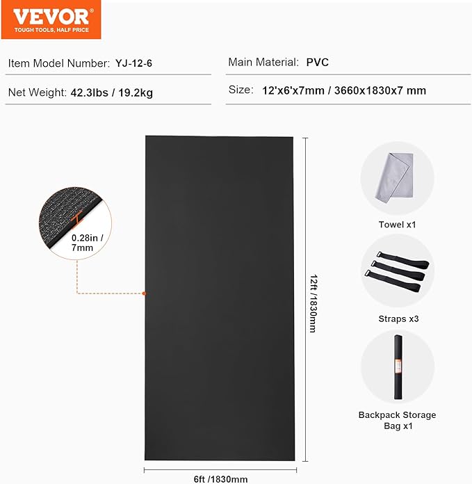 VEVOR Large Exercise Mat, 12'x6'/10'x6'/9'x6'/8'x6'/8'x5'/7'x5'/6'x4' (7mm) Extra Thick, Non Slip High Density Premium Workout Mat, Exercise Yoga Mat for Men & Women, Fitness & Exercise Mat with Bag & Carry Strap, for All Types of Home Yoga, Pilate & F...