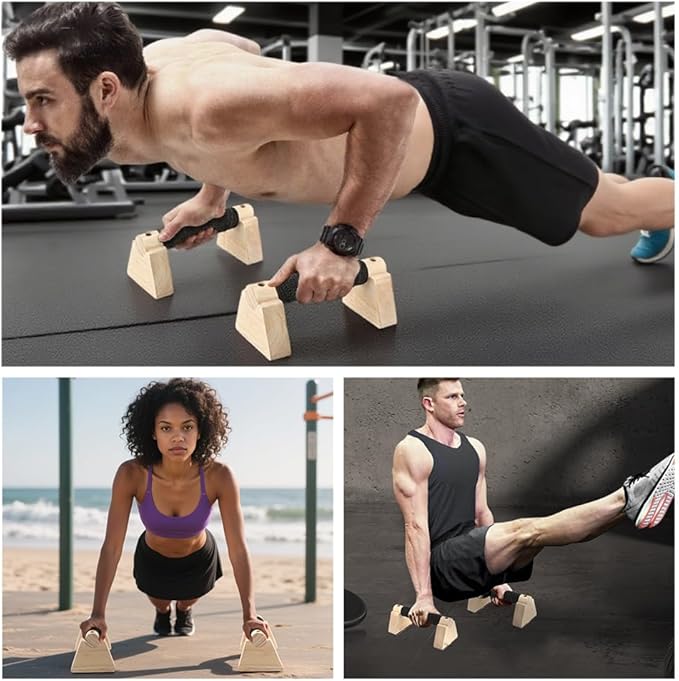 Wooden Push Up Stands & Handstand Parallettes Bars, Solid Wood Push Up Handles with Non-Slip Base for Home Gym, Calisthenics & Strength Training(Wood Color,Size:7.87inch)