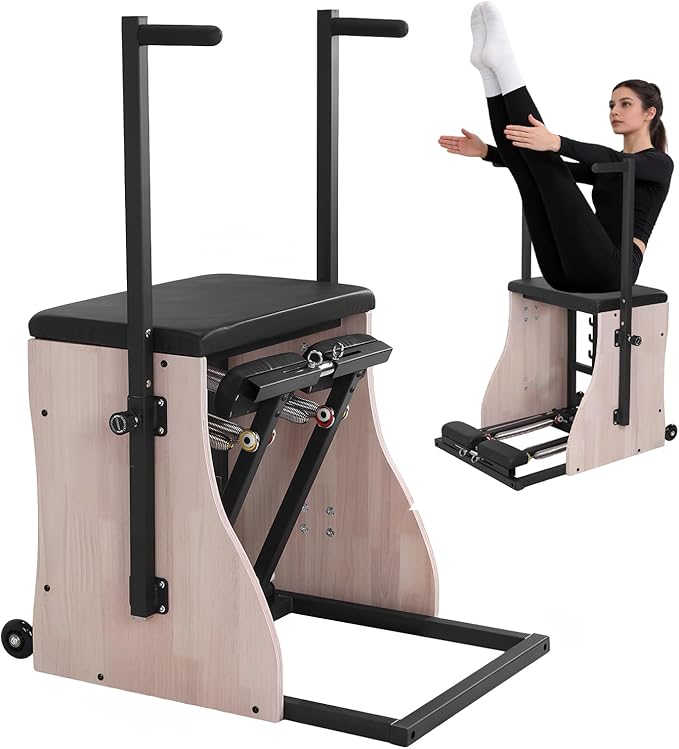 Oak Wood Pilates Chair Professional Yoga Chair Pilates Machine with Adjustable Resistance Handles and Split Pedals for Home and Studio Use