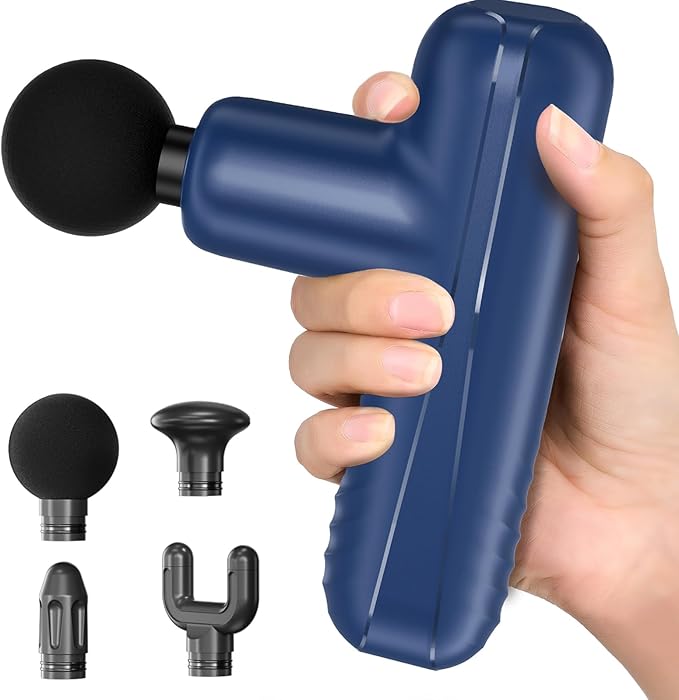 Mini Massage Gun, Powerful Handheld Muscle Massager for Muscle Relaxation, Deep Tissue Percussion Small Massage Gun Travel Massager with 4 Massage Heads Silent Brushless Motor, Blue