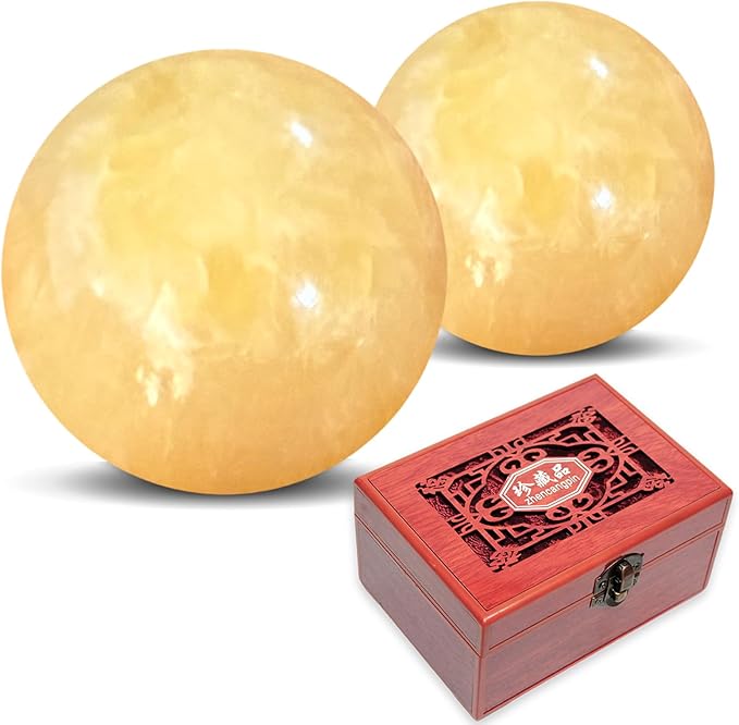 Marble Baoding Balls, Chinese Meditation Stress Relief Balls for Hand Therapy, Manual Massage Exercise with an Upgraded Shockproof Imitation Wood Box, 2 Count Beige, Medium-1.57"