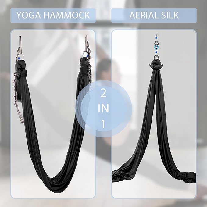 5.5 Yards Aerial Silks Yoga Swing Set - Aerial Yoga Hammock Kit Anti-Gravity Flying for Fitness, Low/Non Stretch Nylon Tricot Fabric Hardware Included for Dance