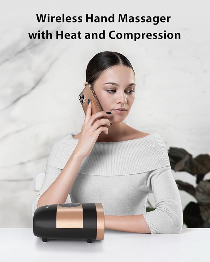 CINCOM Upgraded Hand Massager with Heat and Compression for Arthritis and Carpal Tunnel - Cordless & Rechargeable (Black & Gold)
