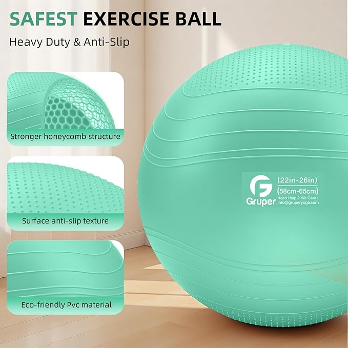 Gruper Yoga Ball, Extra Thick Non Slip Exercise Ball for Workout, Birthing, Balance, Stability, Pregnancy, 4 Sizes Anti Burst Chair for Home and Office, Includes Quick Pump & Fitness Guide