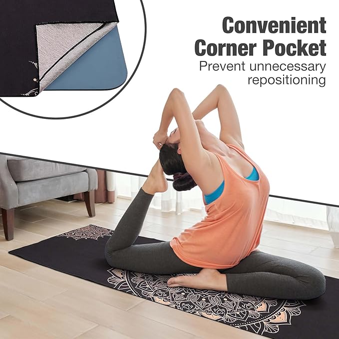 MoKo Hot Yoga Towel, Non-Slip Yoga Mat Towel with Grip Dots, 74.4"×27.3" Yoga Mat Cover for Pilates, Fitness, Meditation, Swimming Pool, Beach, Travel Yoga Mat with Corner Pockets