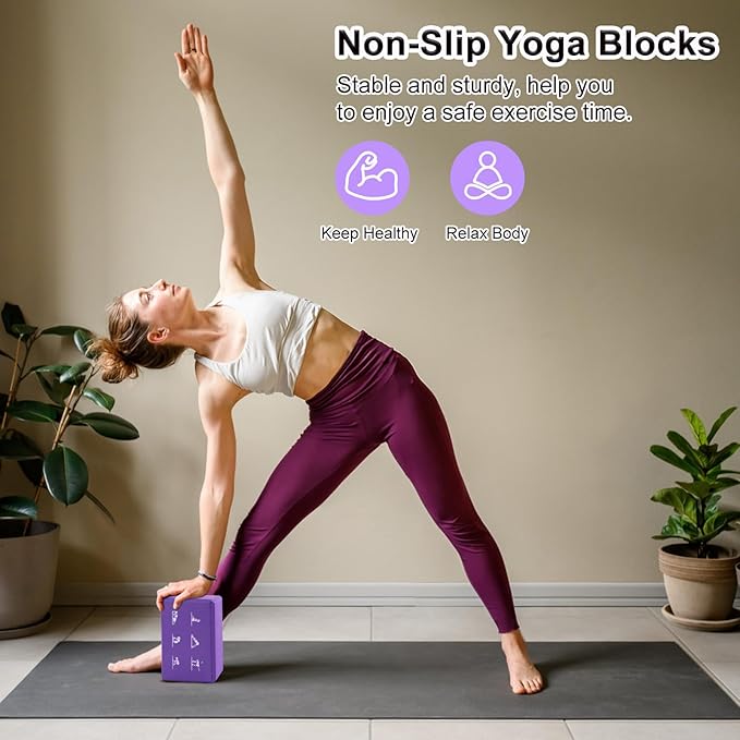 2 Yoga Block and 2 Yoga Strap Set,Non-slip EVA Foam Blocks, High Density Yoga Bricks with 6ft Strap, Supportive Latex-Free Yoga Block Accessories for Pilates