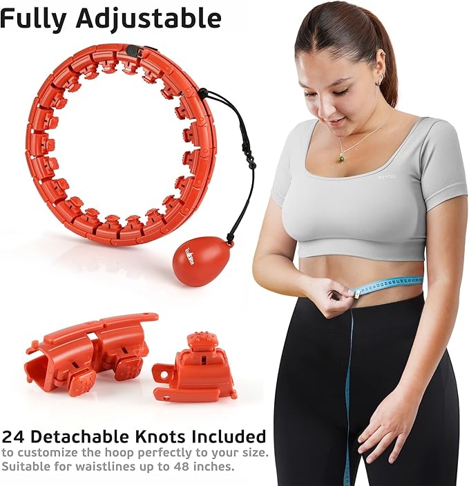 Teal Elite Smart Weighted Hula Hoop for Adults Weight Loss– Fully Adjustable with 24 Detachable Knots – 2 in 1 Abdomen Fitness Massage Infinity Hoops - RED