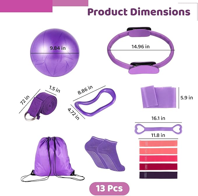 Women's Pilates Ring Set, 13 Pc Kit, Home Workout, Includes Ball, Resistance Bands and Yoga Accessories