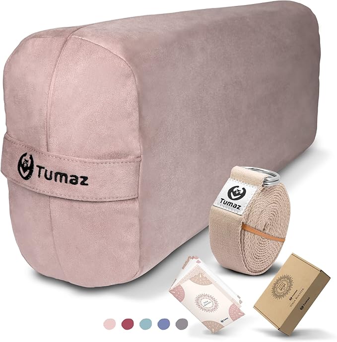 Tumaz Yoga Bolster Set - Rectangular Bolster Pillow for Restorative Yoga, Soft Meditation Pillow with Carry Handle and 8-Feet Strap, Machine Washable Cover
