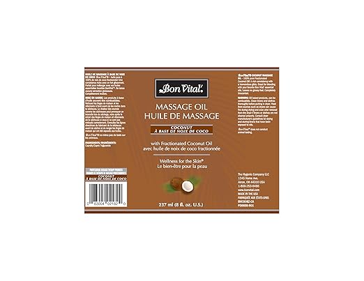 Bon Vital' Coconut Massage Oil, 8 Oz Bottle, 100% Pure Fractionated Coconut Oil for Dry Skin, Lightweight Non-Greasy, Neutral Scent, Non-Staining, for Massage Therapy & At-Home Use